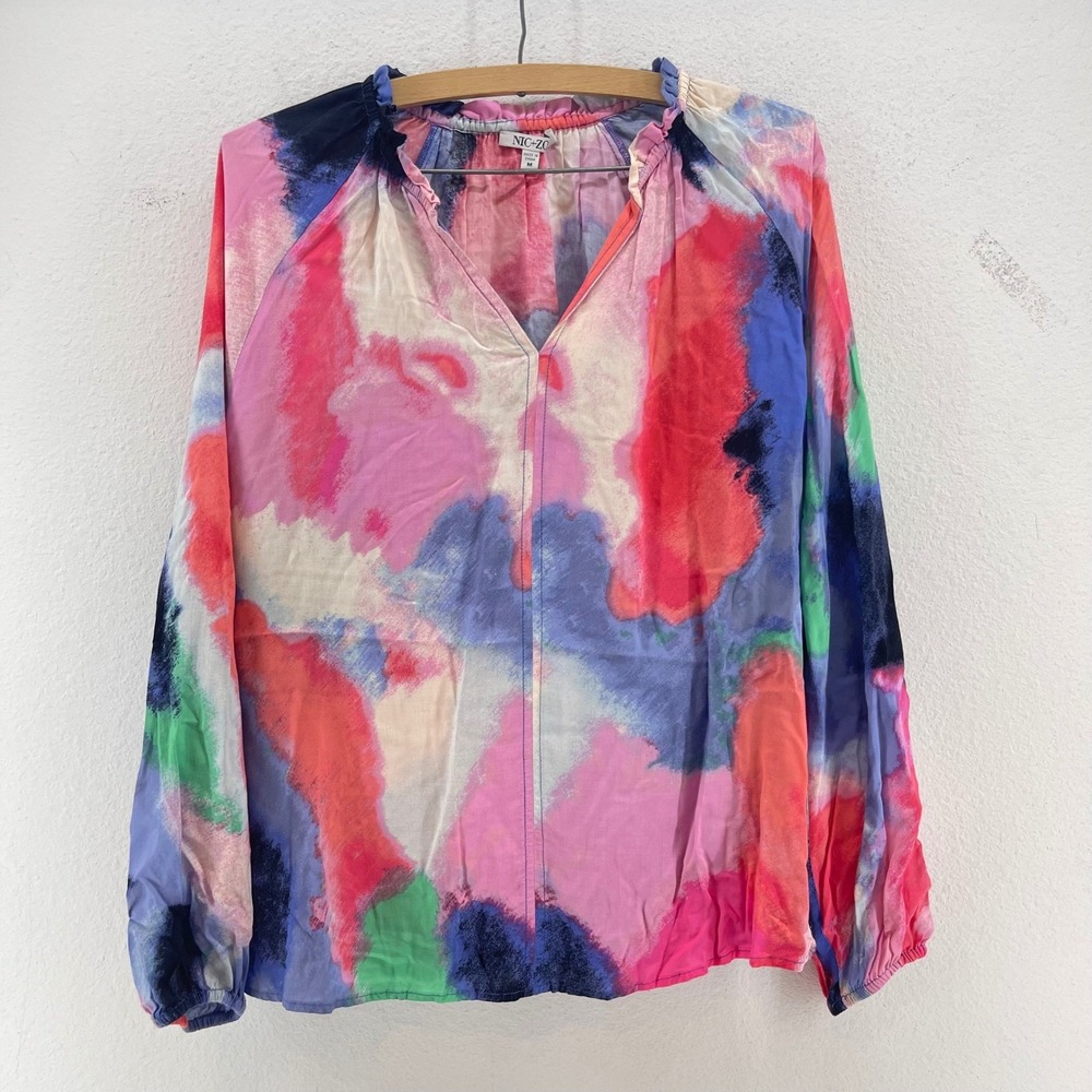 NIC+ZOE Womens Pink Blue Watercolor Abstract V-Neck Blouse Size‎ M EcoVero